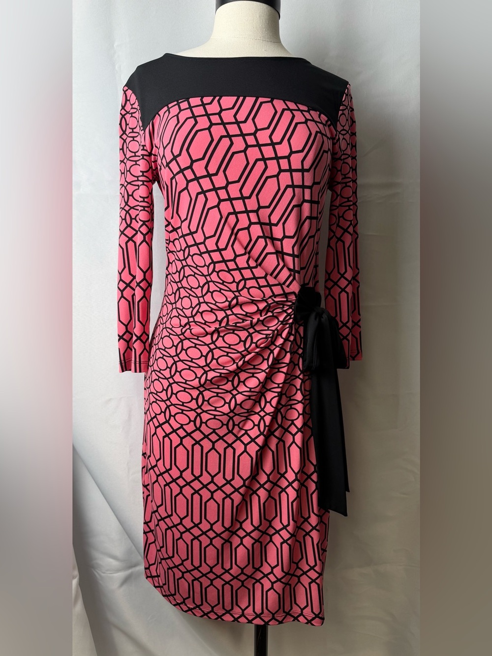 New York & Company Pink Geometric Ruched Faux Wrap Dress S